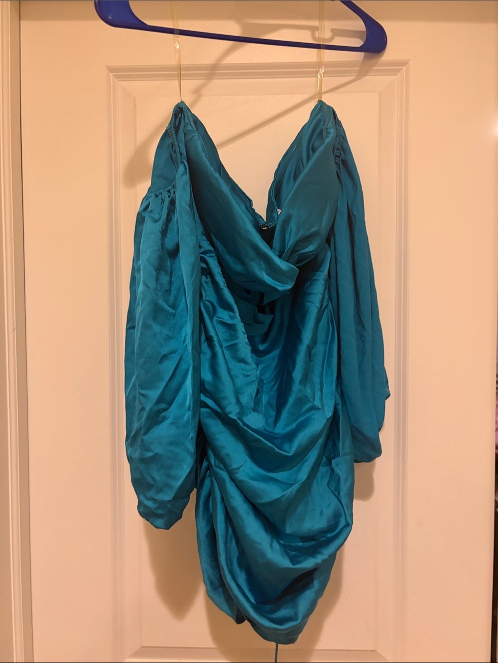 Fashion Nova Teal Satin Draped Long Sleeve Mini Dress